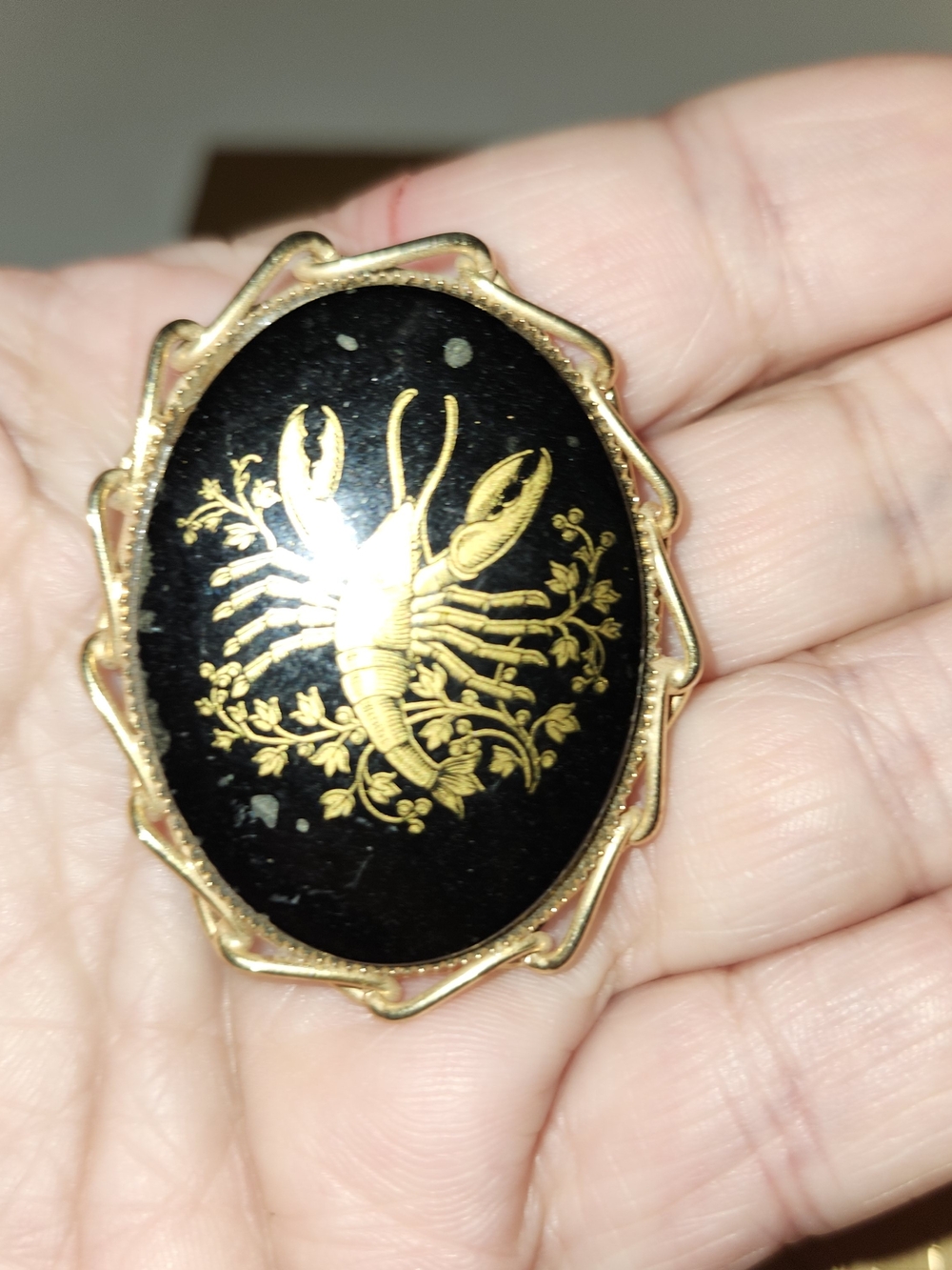 Vintage Cancer zodiac Brooch Pendant Black Lobster Gold Tone